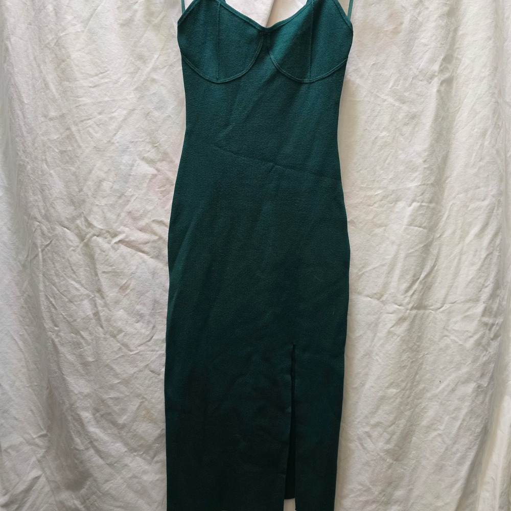 Abercrombie Fitch Green Ribbed Knit Bustier Bodycon Midi Dress Slit Size Small